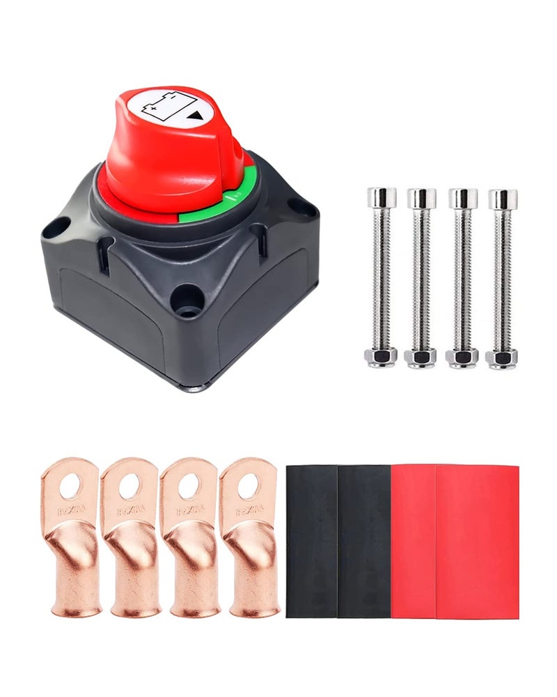 Gioyonil Battery Switch Disconnect, 12V-48V Power Shut Off Master Isolator Kill Switch with 4AWG-3/8 Ring Terminals Heat Shrink for Marine RV Camper Trailer Boat Car Automotive Replacement - Image 1